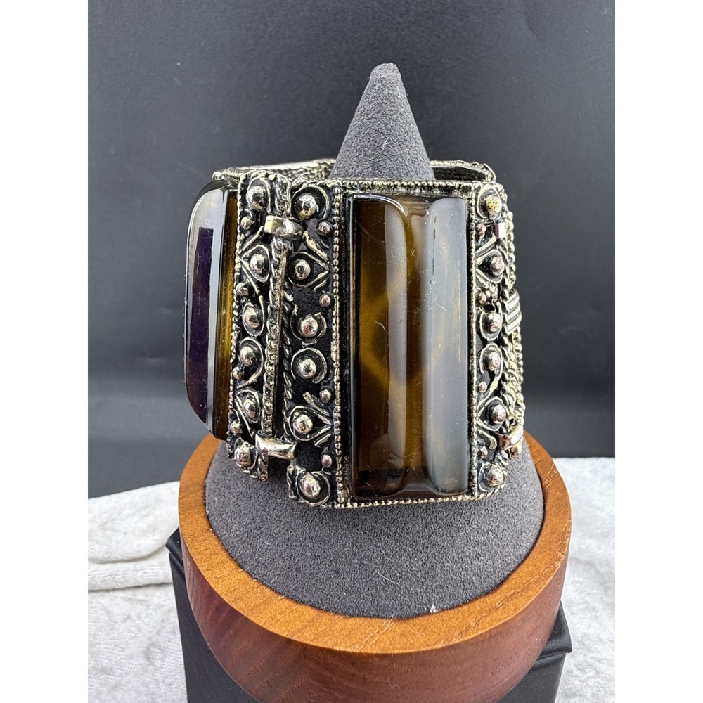 Vintage Chunky Brown Acrylic Bracelet Wide‎ Gold Tone 7.5"